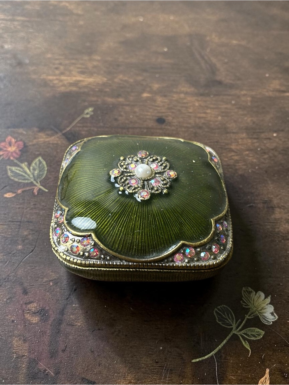 Vintage Green Jeweled Enamel Trinket Box